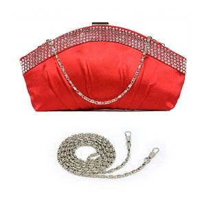 Evening Bag - 12 PCS - Satin w/ Rhinestone Frame Closure - Red - BG-EBS1144RD